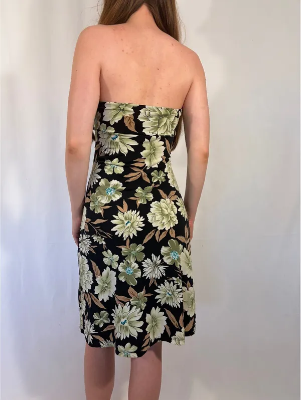 Strapless Green and Brown Floral Lace Y2k Party Dress - Image 4