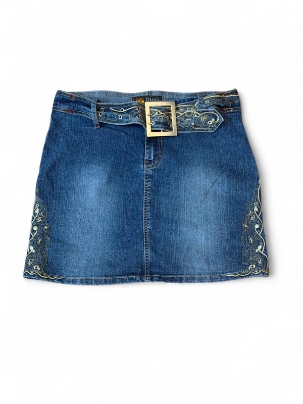 Route 66 Y2K Denim Mini Skirt Embroidered Belted Stretch Jean Skirt Size 10 - Image 2