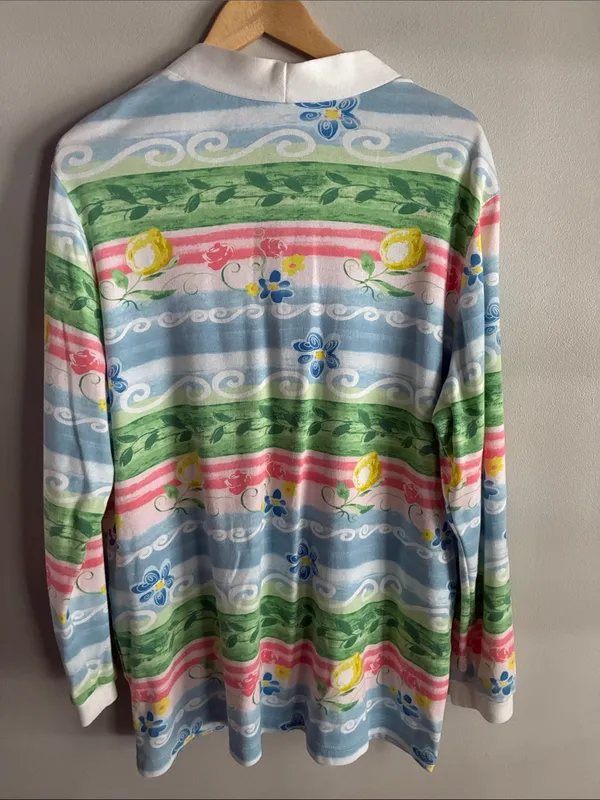 Vintage 90s Pastel Floral Cardigan Womens XL Coastal Button Front Oversized - Image 6