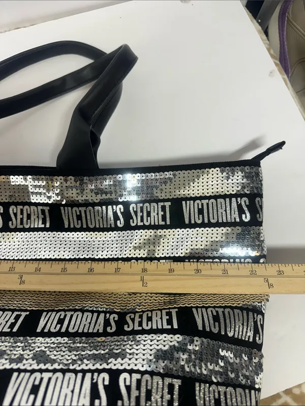 Victoria's Secret Black & Silver Sequin Logo Tote Bag and pouch Set - Image 4