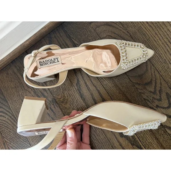 Badgley Mischka Womens Emmie Slingback Evening Pump Block Heel Ivory Satin 8 EUC - Image 5