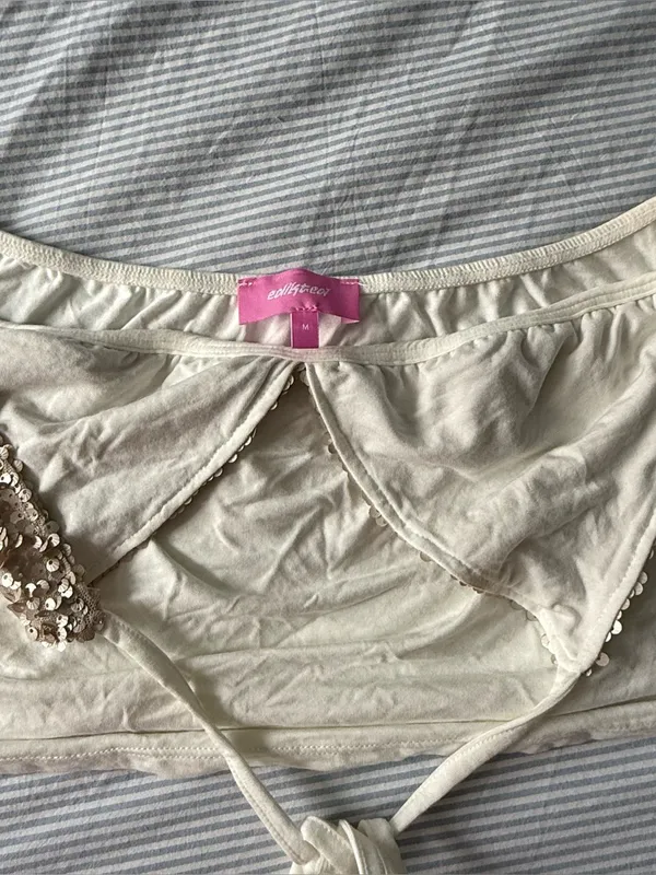 Edikted Hallie Sequin Halter Tank Top in Cream and White - Women's, size M - Image 6