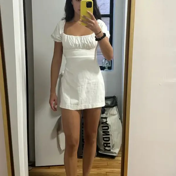Louna White Bodycon Peasant Mini Dress LARGE Bridal Cotton Corset Cottage $160 - Image 5