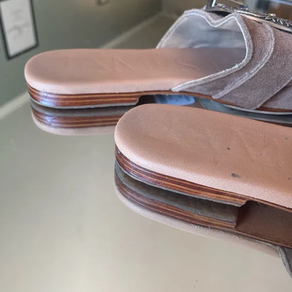 Free People Beige Champagne Suede Western Silver Buckle Slides - Image 4