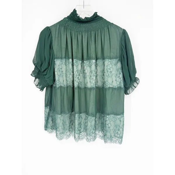 Anthropologie High Neck Lace Swing Blouse Women's S Green Romantic‎ - Image 3
