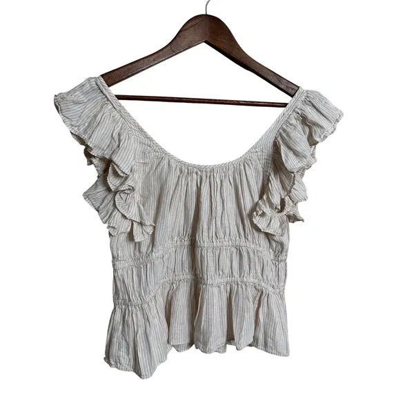 Ulla Johnson 100% Linen Ruffle Sleeve Smocked Peplum Top Ivory Stripe size 6 - Image 2