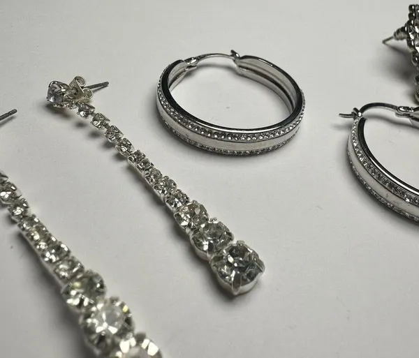 Sparkly Clear Rhinestone Pierced Earrings Lot Of 3 Dangle Hoop Stud Silver Tone - Image 7