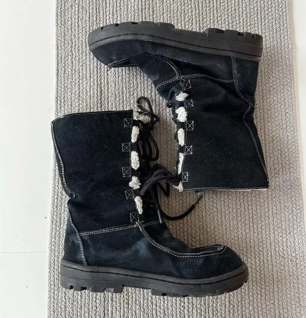 Vintage SO Black Suede Leather Sherpa Lined Winter Snow Boots Size 8M - Image 2