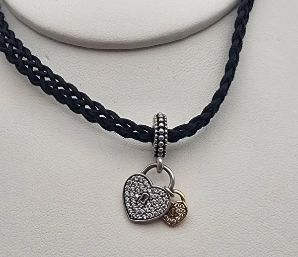 Pandora Sterling Silver Heart Padlocks & Black Woven Cord Choker - Image 4