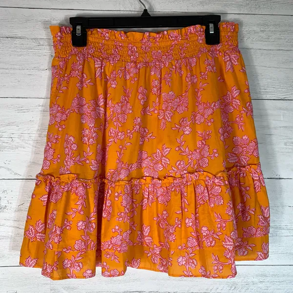 J Crew Womens Medium Pull On Skirt Smocked Waist Floral Orange Pink Summer - Image 2