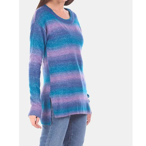 Gap Relaxed Striped Sweater Womens Medium Teal Lavender Crew Neck Soft Knit - Image 2