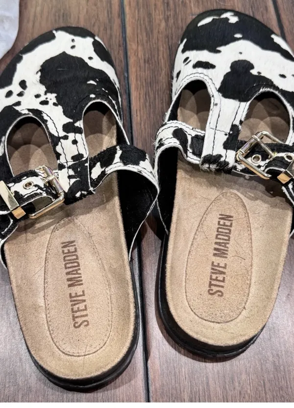 Steve Madden 'Atticus' Black & White Cow Print Calf Hair T-Strap Buckle Clogs - Image 5