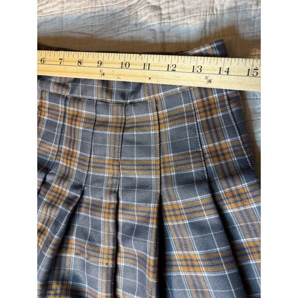Grey and Orange Plaid Pleated Mini Skirt High Waisted Schoolgirl Style Size M - Image 2