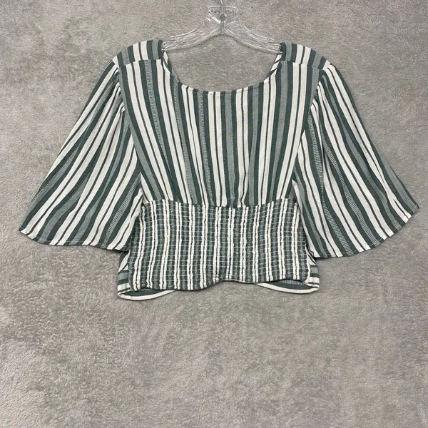 American Eagle Shirt Womens Medium Cropped Green‎ White Stripe Keyhole Smocked - Image 6