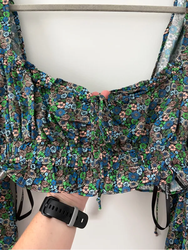 For Love And Lemons Alisa Blue Green Floral Sweetheart Long Sleeve Crop Top NWT - Image 3
