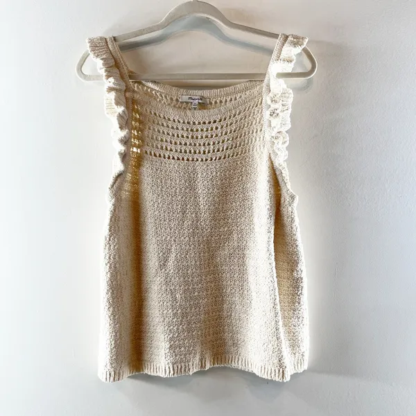 Madewell Sleeeveless Ruffled Strap Crochet Sweater Tank Top Marled Vanilla XL - Image 4