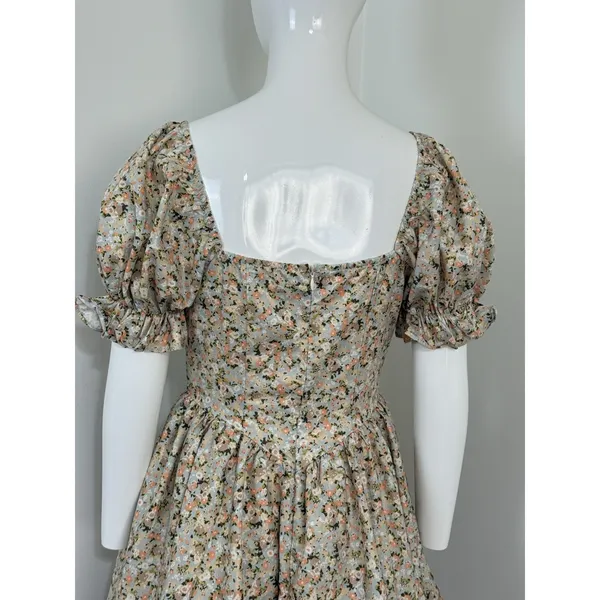 Women Floral Puff Sleeve Mini Dress Cottagecore Milkmaid Boho Corset Waist S - Image 7