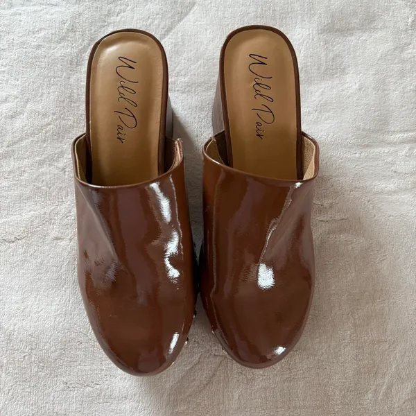 Wild Pair 3 Chunky Cappuccino Brown wooden platform clogs with gold stud details & a boho vibe - Image 3