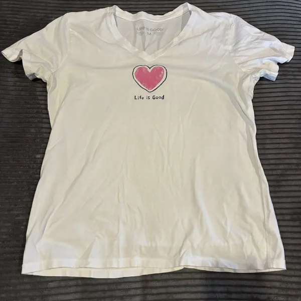 Life is Good Womens M White V-Neck Heart Graphic Short Sleeve T-Shirt - Image 2