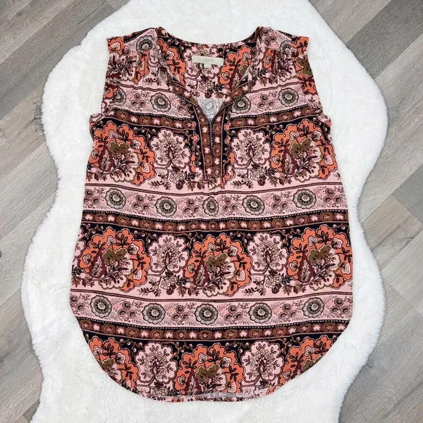 Loft Boho Floral Split Neck Sleeveless Tunic Tank Top Shirt Peach‎ Coral Medium - Image 13