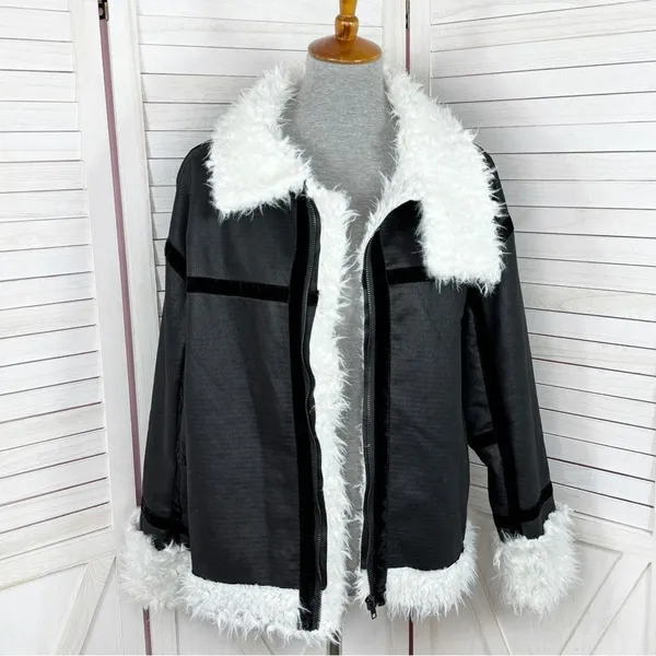 Princess Polly‎ Mariana Jacket Small Medium Black PU Faux Fur Lined Moto Biker - Image 2