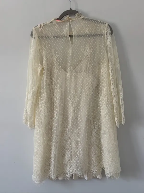 Free People Swan Lace Long Sleeve Beaded Boho Asymmetrical Hem Mini Dress S - Image 7