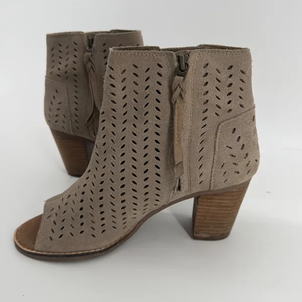 TOMS Majorca Taupe Suede‎ Perforated Peep Toe Booties Womens Heel Shoes - Image 5