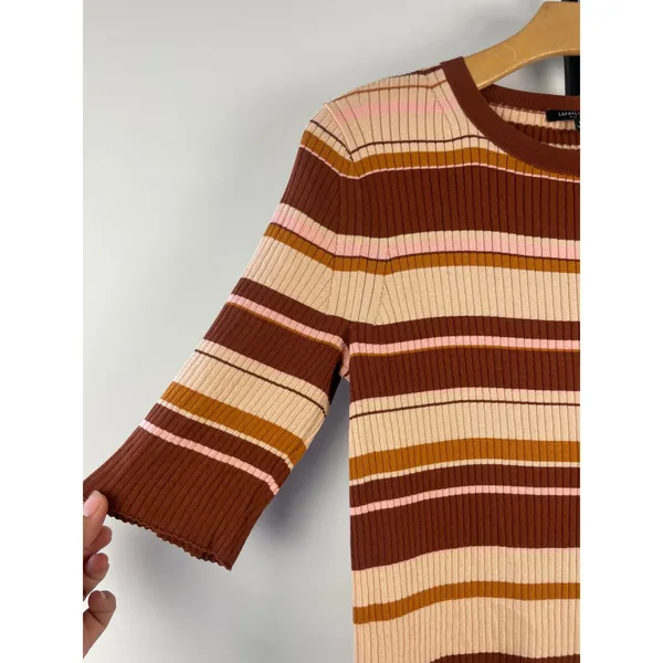 Lafayette 148 New York Striped Ribbed Silk Cotton Knit Top Brown Pink Large - Image 3