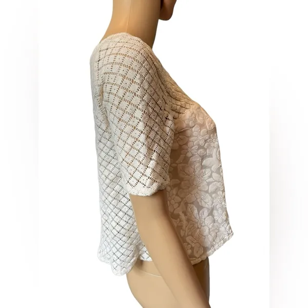 Abercrombie & Fitch Cream Boho Western Hippie Crochet Floral Velvet Crop Top - Image 3