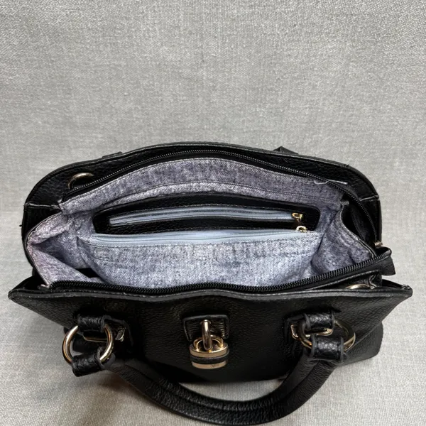 Black Padlock Faux Leather Satchel Handbag Purse Gold Padlock‎ Detail Medium - Image 4