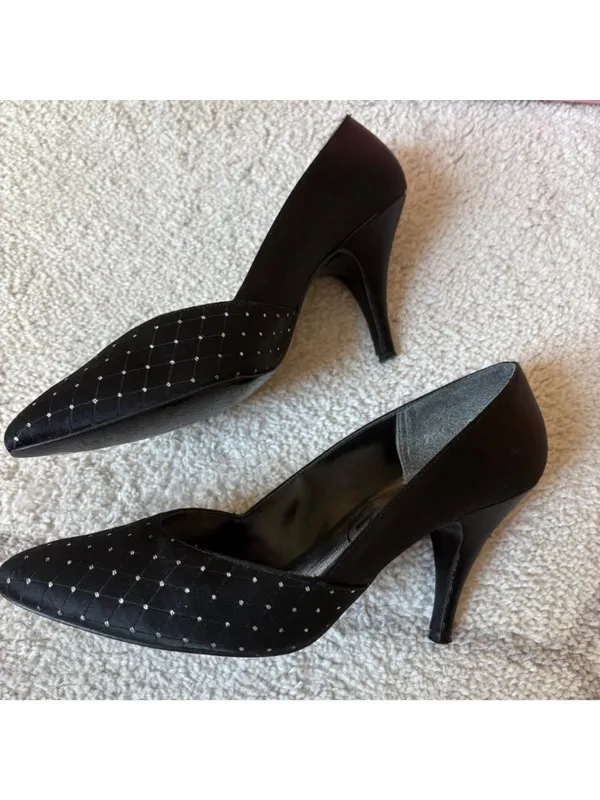 Vintage Black Satin Pumps Pointed Toe Rhinestone Heels w/ Box Sz 7 - Image 6