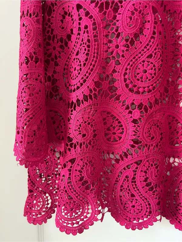 Vici Fuchsia Paisley Lace Crochet Long Sleeve Swim Cover-Up Mini Dress Front Tie - Image 3