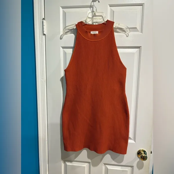 Aritzia Babaton halter sculpt knit ribbed mini dress sz XL Orange - Image 3
