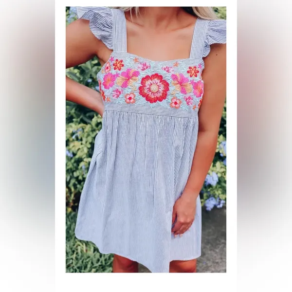 Savanna Jane White Striped Ruffled Dress Floral Embroidery Red Yellow Orange - Image 7