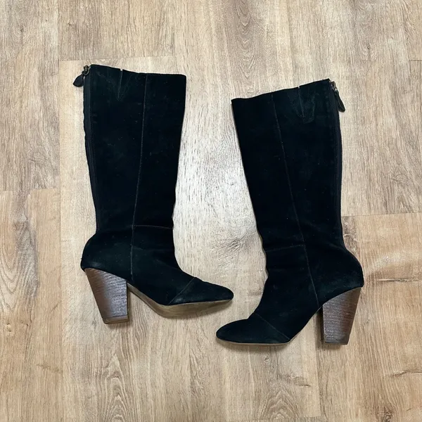 COCONUTS | Women's Black Leather Suede Knee High Chunky Heel Boots‎ - Image 2