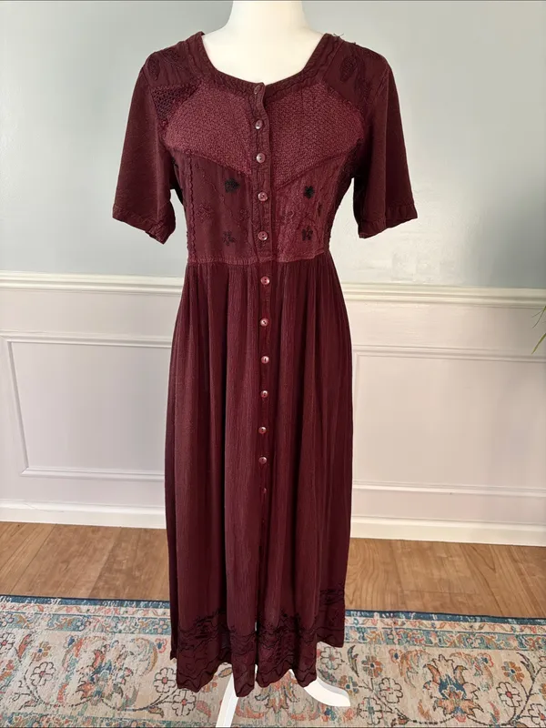 Select Vintage 90s Brown Embroidered Button-Front Midi Dress Sz Medium Phoebe - Image 2