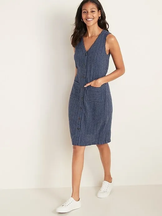 Old Navy Blue & White Striped Linen-Blend Sleeveless Woman’s Dress Size Large - Image 9