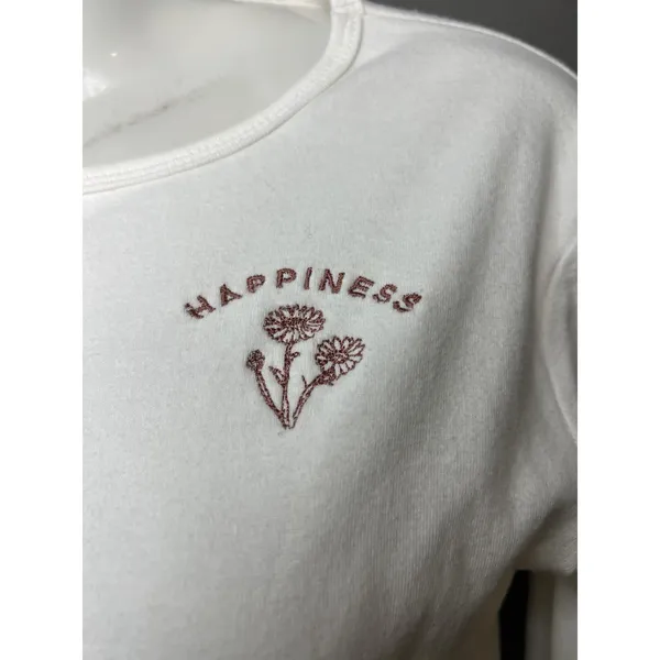 Ardene Shirt Women’s Medium White Happiness Embroidered Long Sleeve Crop Top - Image 3