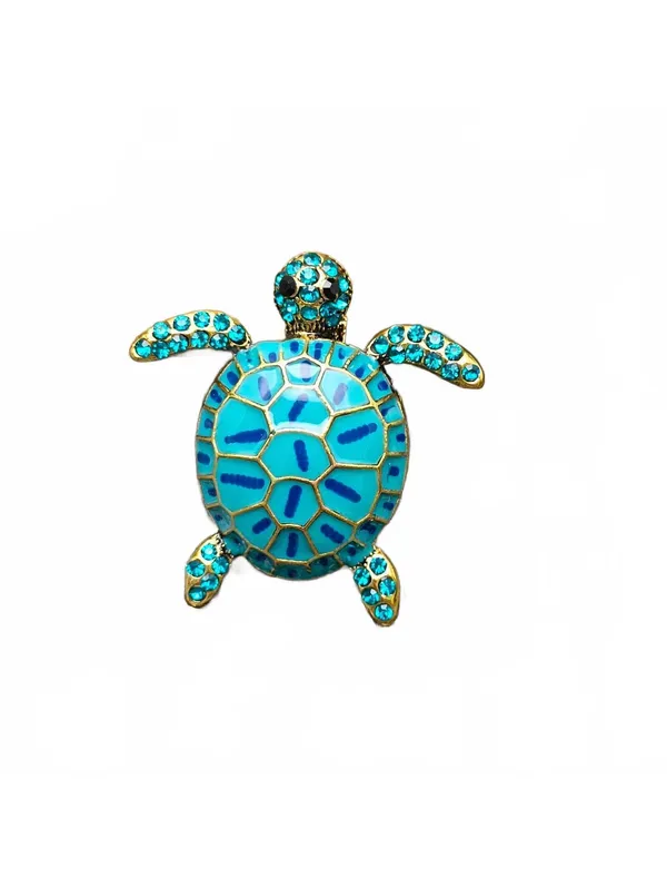 Turquoise Blue Turtle Brooch with Rhinestone Accents - Image 3