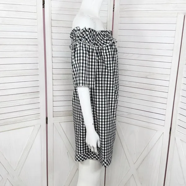 Vineyard Vines Gingham Check Off The Shoulder Shift‎ Mini Dress Black White XS - Image 3