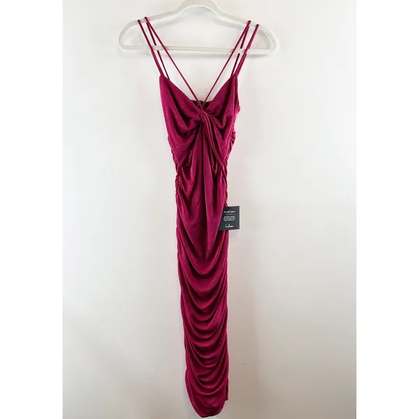 Lulus Such a Serve Ruched Strappy Bodycon Midi Dress Magenta Pink XS - Image 4