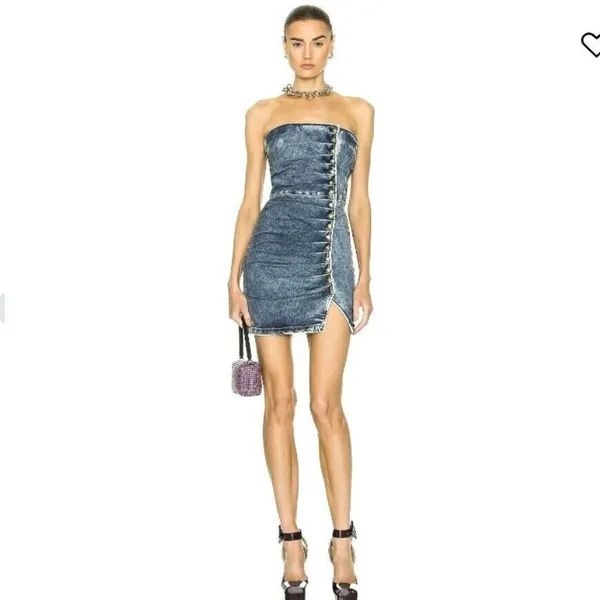 Retrofête Megh Strapless pleated Denim Mini Dress Marble Sky Button Front XS - Image 3