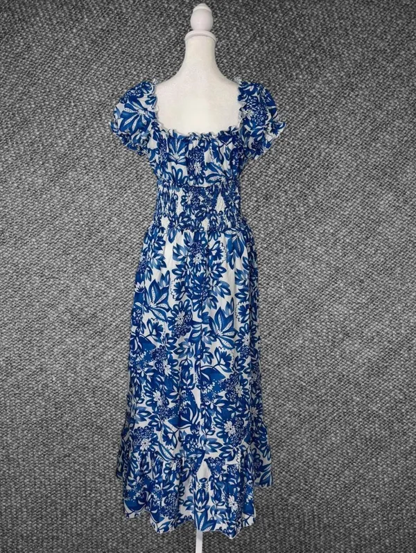 Blue White Floral Smocked Puff Sleeve Maxi Dress Size M - Image 8