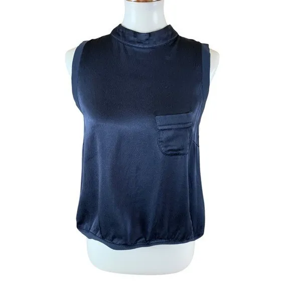 Fate Navy Blue Satin Tank M High Neck Pocket Detail Minimalist Sleek Workwear - Image 2
