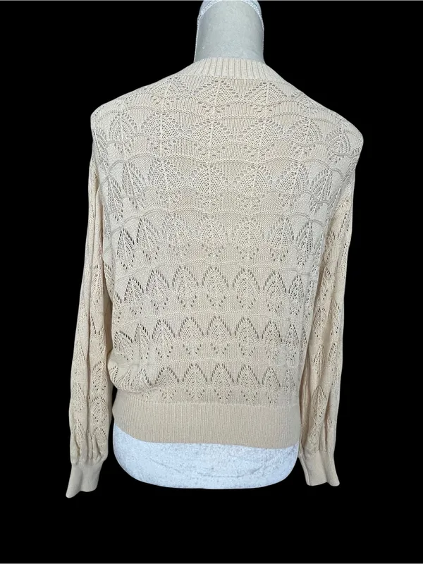 Cream Open Knit Cardigan Sweater Women’s Size S Bubble Sleeves - Image 4