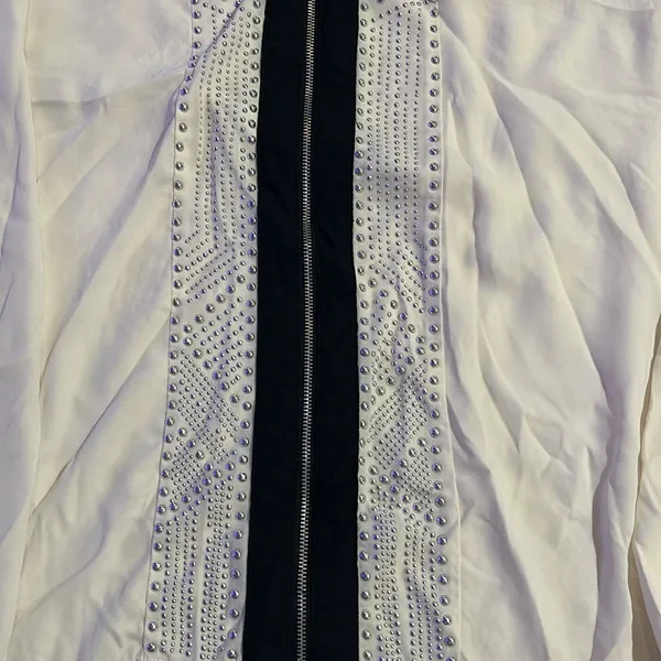 BKE Womens Zip Blouse Ivory Studded Chiffon Full Exposed Zipper long sleeve L - Image 4