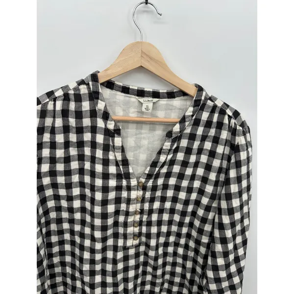 LL‎ Bean Womens XL Black White Gingham Cotton Henley 3/4 Sleeve Top - Image 5