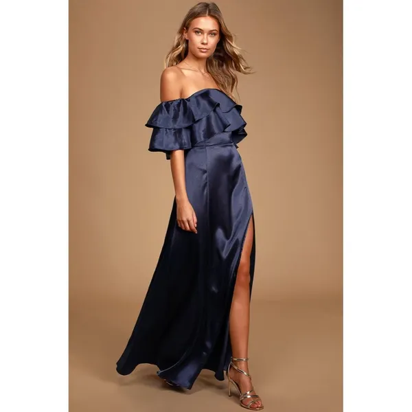 Lulus Pure Happiness Navy Blue Dress Size Small Satin Off-the-Shoulder Long New - Image 12