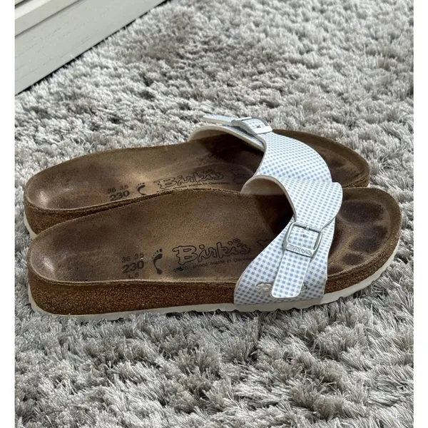 Birkis Birkenstock Sandals Womens 36 US 5 Madrid Blue Gingham Plaid Slide - Image 2
