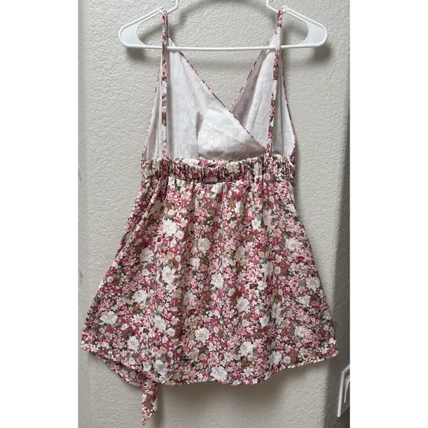 Pink Floral Ruched Mini Sundress Strappy Backless Sweetheart Romantic Sz Medium - Image 5